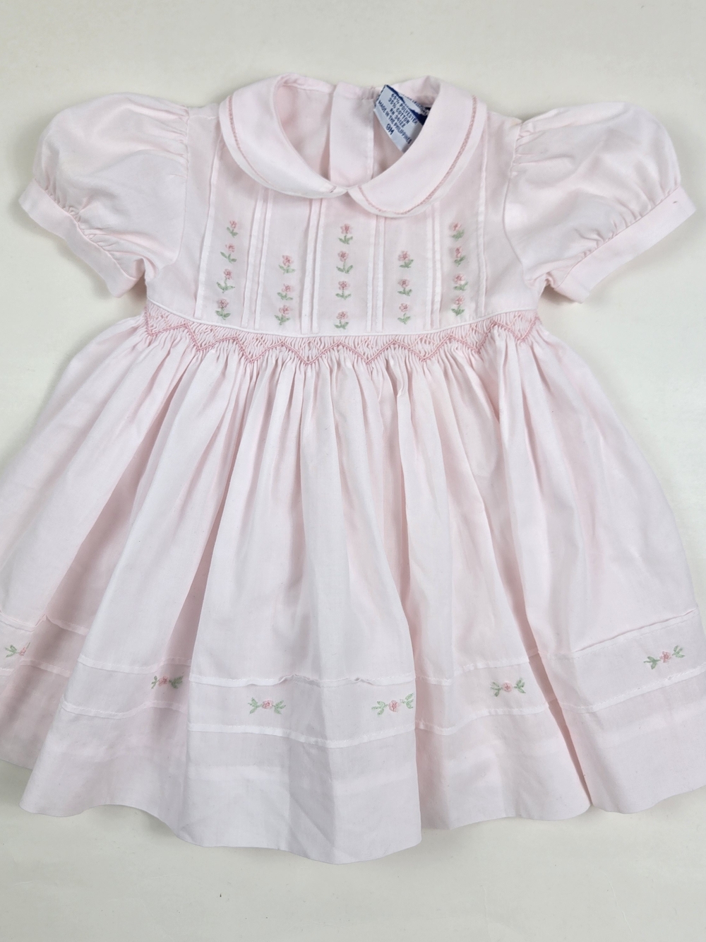 Vintage Baby Pink Smocked Embroidered Baby Dress 9M Cottagecore